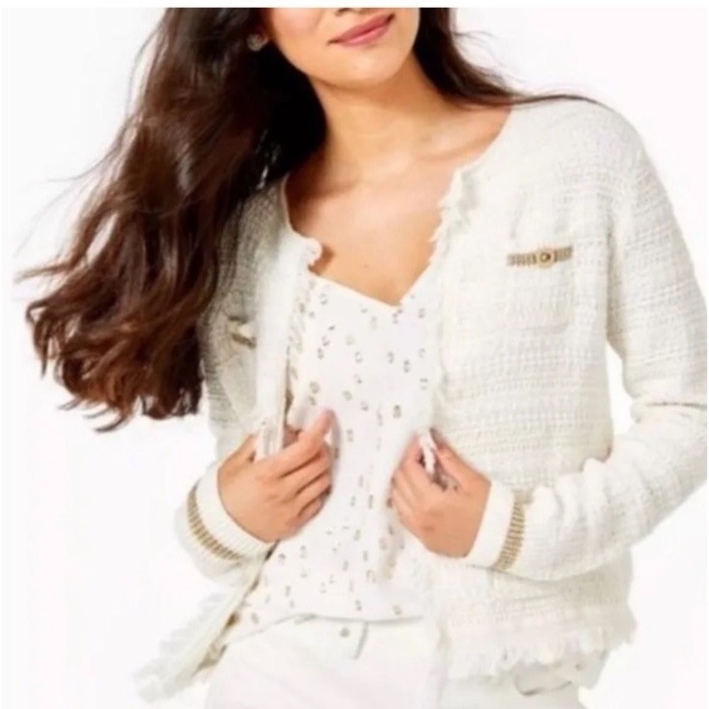 Nwt Lilly Pulitzer Beckington Cardigan Coconut Gold Metallic Tweed Knit Jacket